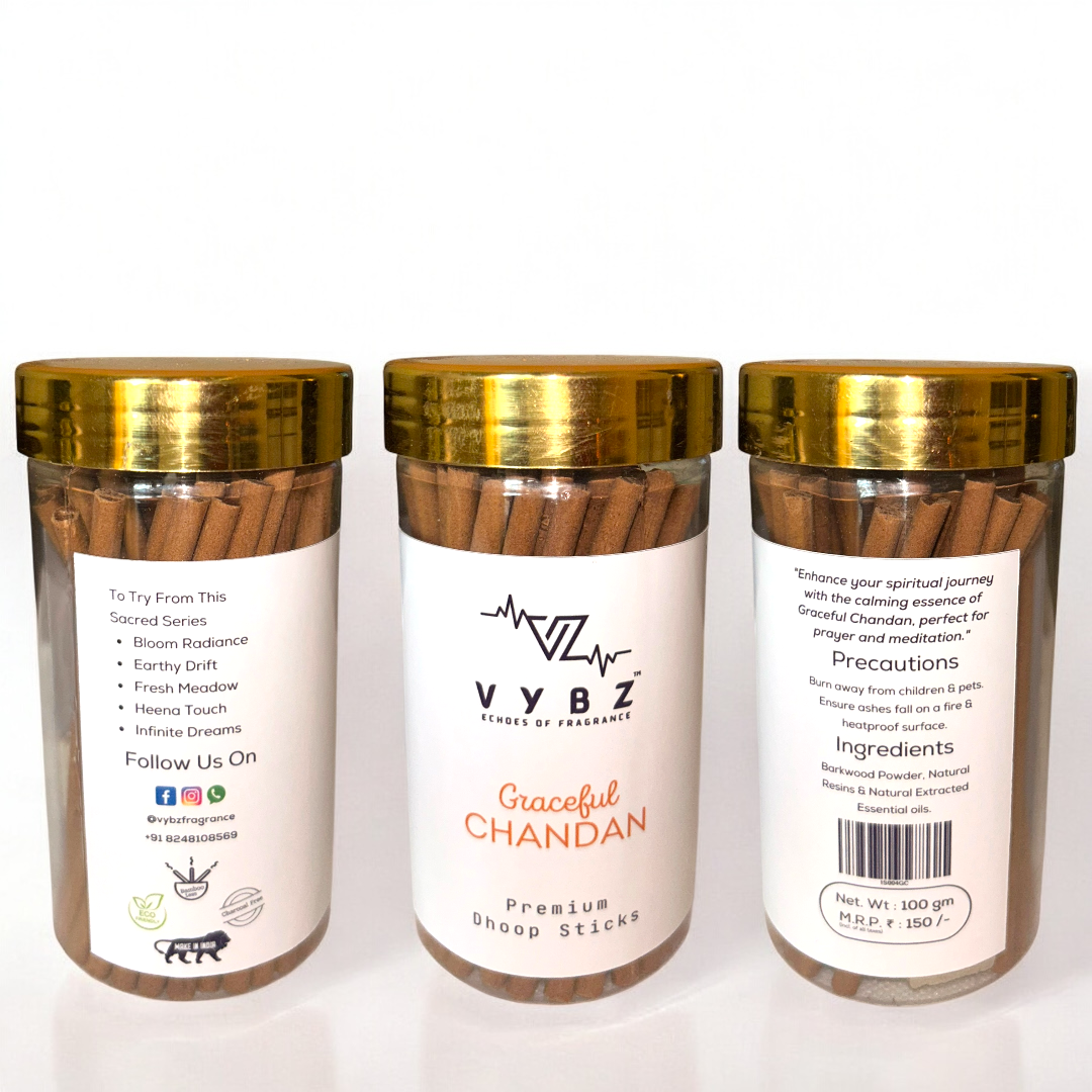 Graceful Chandan Bambooless Dhoop Sticks – 100g | Charcoal-Free | Sandalwood Incense for Meditation & Relaxation