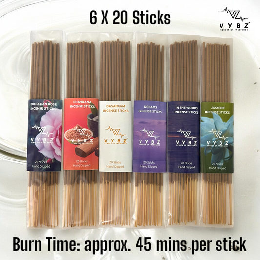 Hand-Dipped Incense Sticks – 6 Fragrance Agarbatti Bundle