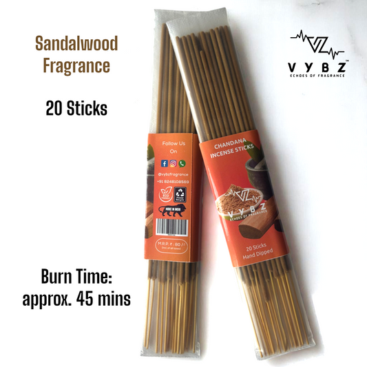 Chandana Sandalwood Incense Sticks | Pack of 20 | 45+ Mins Burn | Earthy Aroma | Hand-Dipped