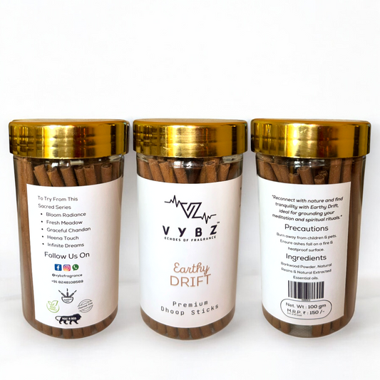 Earthy Drift Bambooless Dhoop Sticks – 100g | Charcoal-Free | Woody Incense for Grounding & Peace
