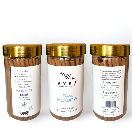 Fresh Meadow Bambooless Dhoop Sticks – 100g | Charcoal-Free | Green Floral Incense for Home Fragrance & Positivity