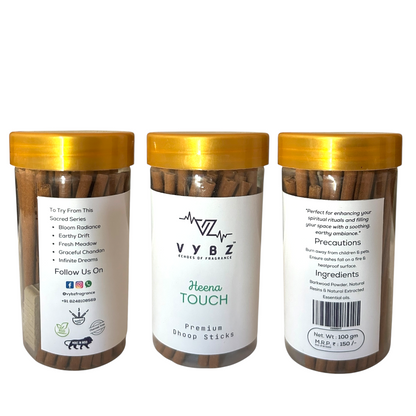 Heena Touch Bambooless Dhoop Sticks – 100g | Charcoal-Free | Herbal Heena Incense for Purity & Tranquility
