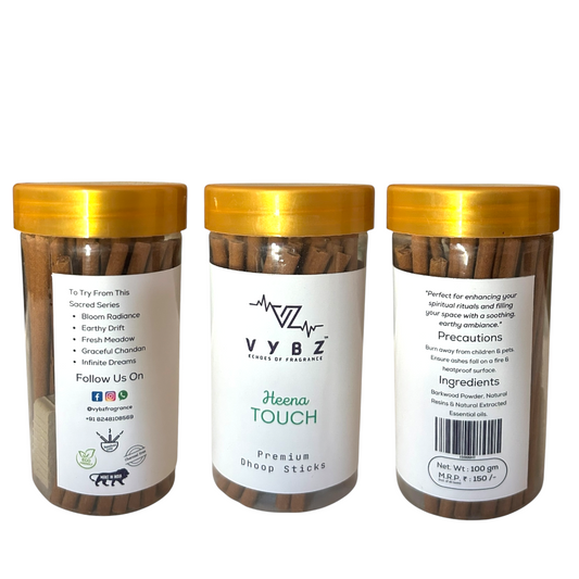 Heena Touch Bambooless Dhoop Sticks – 100g | Charcoal-Free | Herbal Heena Incense for Purity & Tranquility